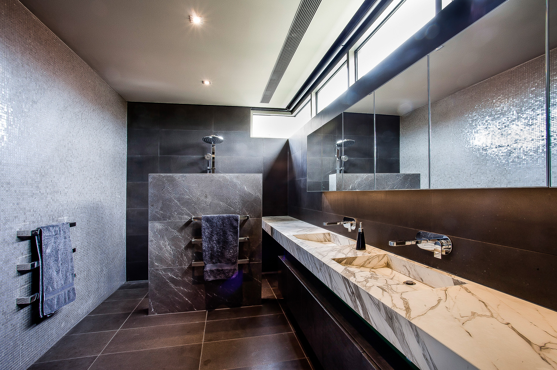 bathroom, ensuite, shower, marble bench, mable washpane, Contemporary, concrete feature, Brighton, Melbourne, Minka Joinry