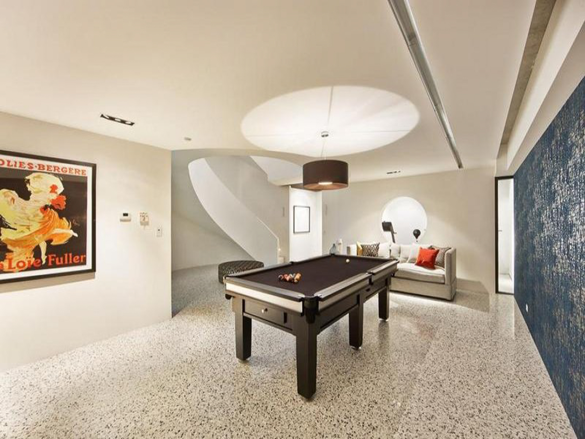 modern pool room, pool table, luxury house, snooker table, games room, curved staircase, melbourne, minka joinery