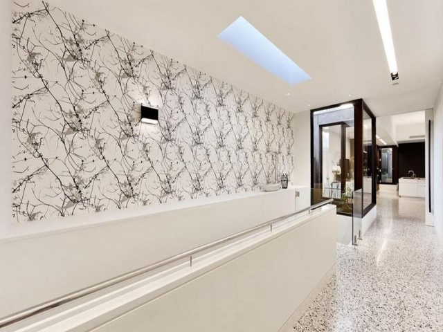 entry, stairs, handrail, white interior, white terrazzo floor, architect, designer, Kew, Melbourne, Minka Joinery