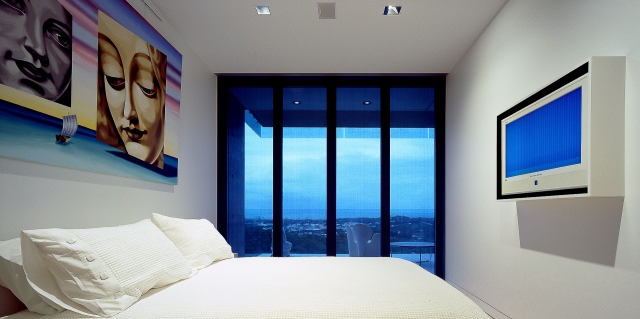bedroom, bed, ultramodern house, futuristic, monolithic, polished concrete, sunshine coast, minka joinery