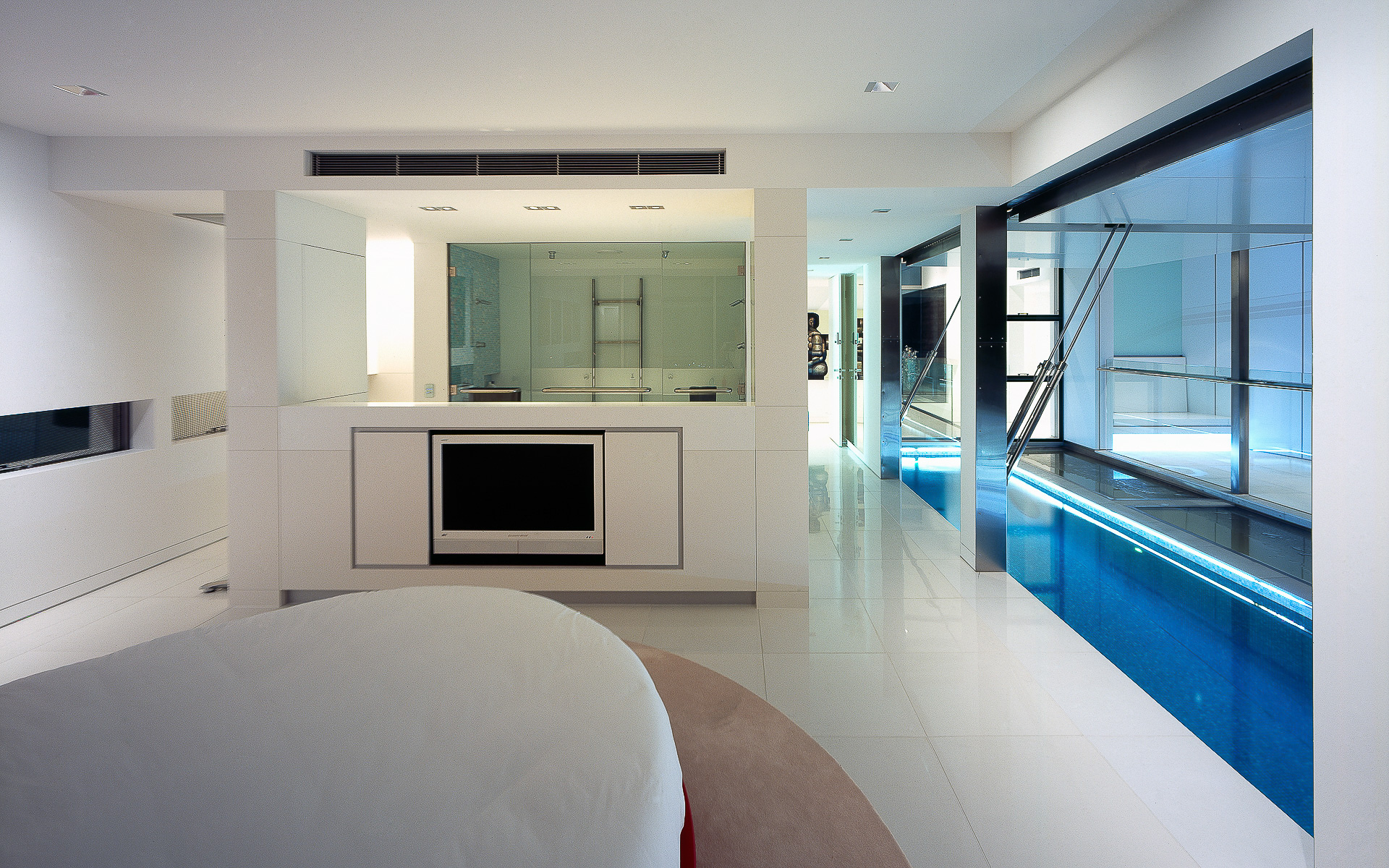 Bedroom, bed, custom made, White interior design, interiors, corian, glacier white, luxury, ultramodern, minimal, minka joinery