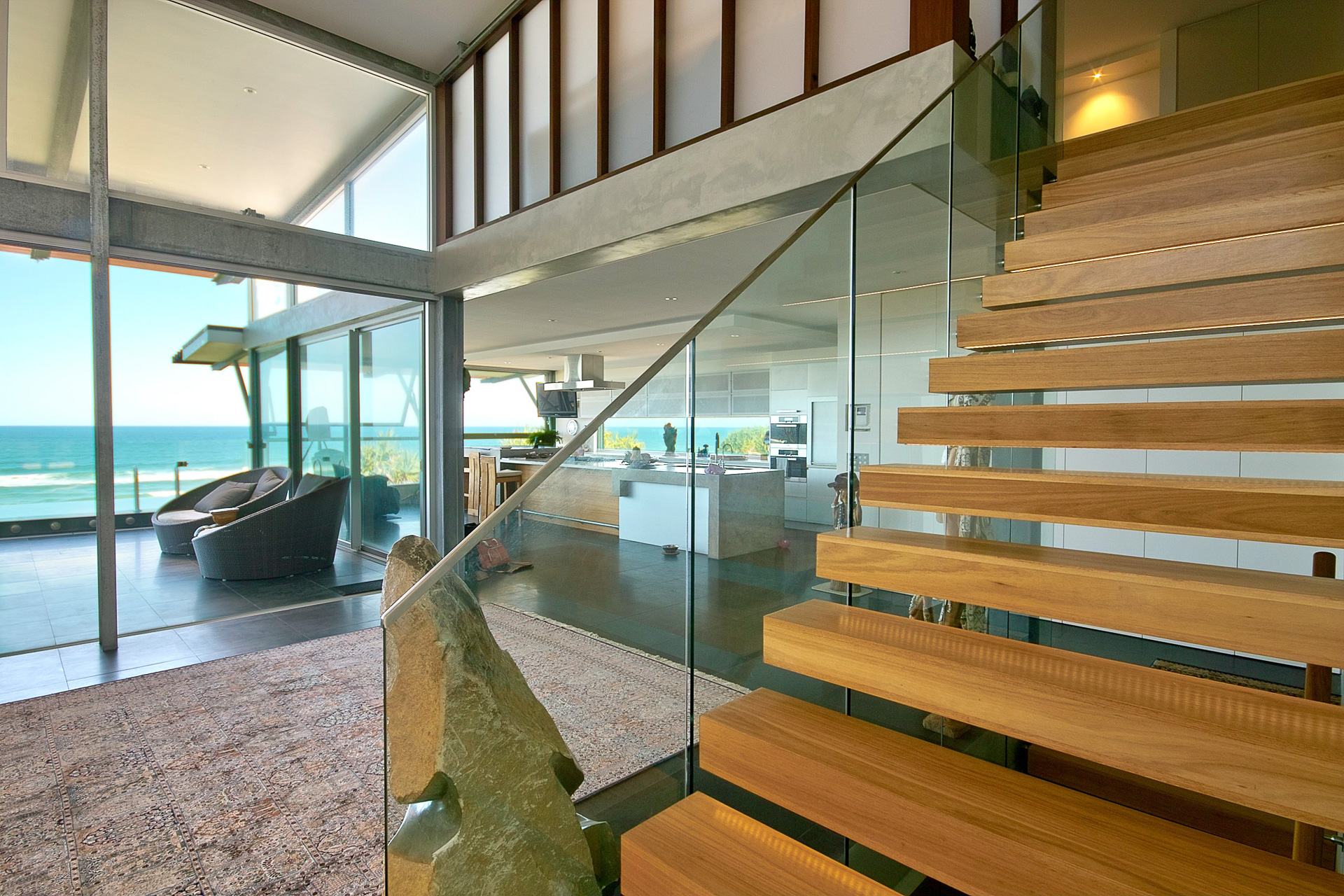 architect designed, custom stairs, ocean views, marble tops, industrial, interiors, acrylic, minka joinery