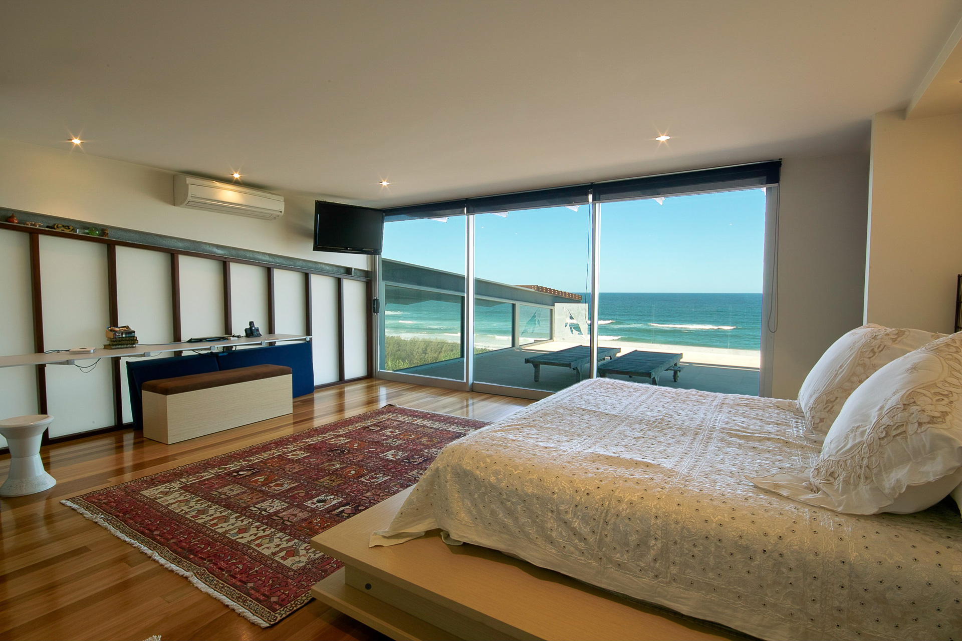 bedroom, custom made bed, new age veneer, industrial, beach views, interiors, minka joinery