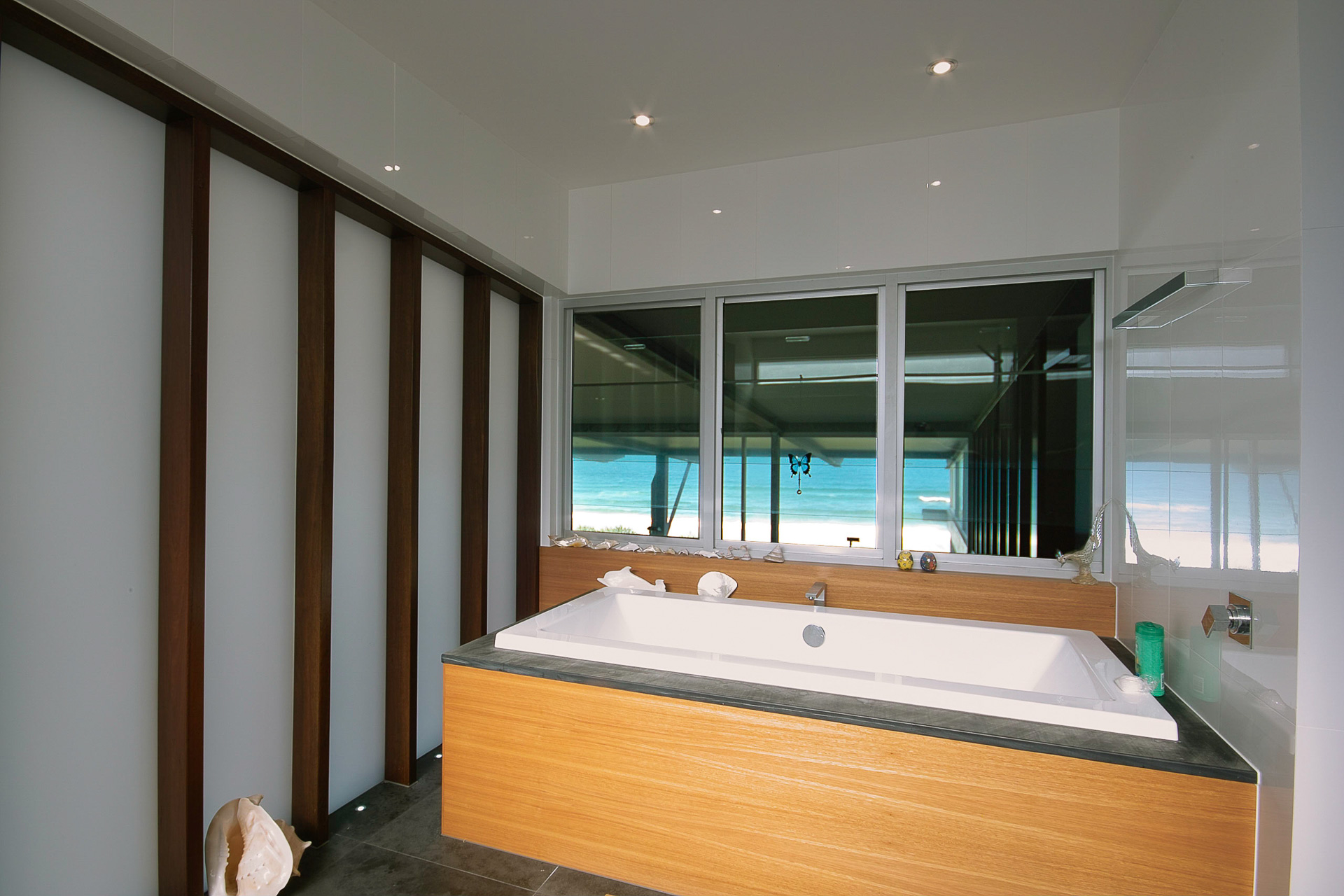 bathroom, bath, bespoke, new age veneer, industrial, beach views, interiors, minka joinery